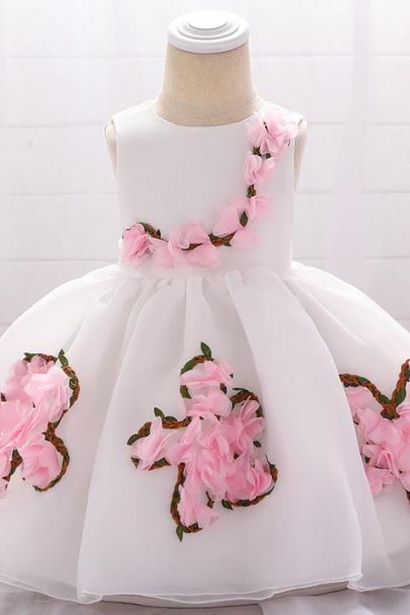 Sweet Flower Girl Dress Floral Newborn Christening Baptism Party Birthday Tutu Gown Baby Kids Clothes white+pink