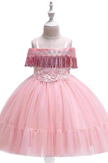 Princess Flower Girl Dress Sequined Tassel Wedding Birthday Perform Party Tutu Gown Children Kids Clothes salmon