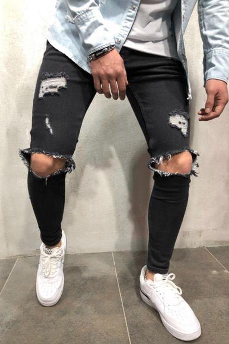 Men Skinny Jeans Trousers Mid Waist Ripped Hole Pencil Pants Casual Slim Denim Pencil Pants Black