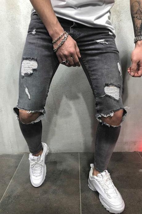 Men Skinny Jeans Trousers Mid Waist Ripped Hole Pencil Pants Casual Slim Denim Pencil Pants Gray