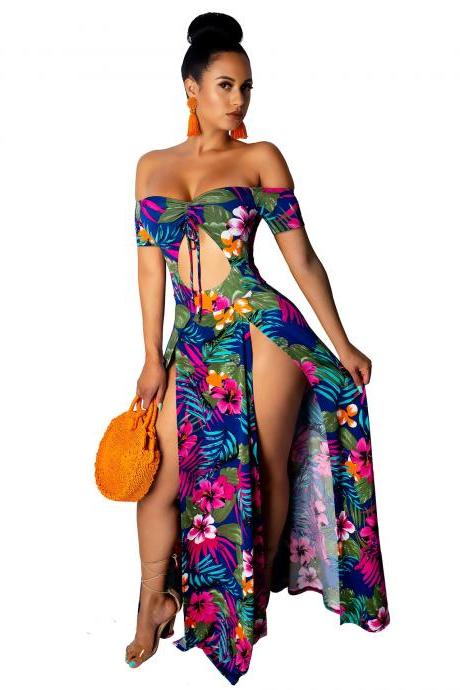Women Floral Print Maxi Dress Off Shoulder Short Sleeve High Split Summer Beach Boho Casual Long Dress6#