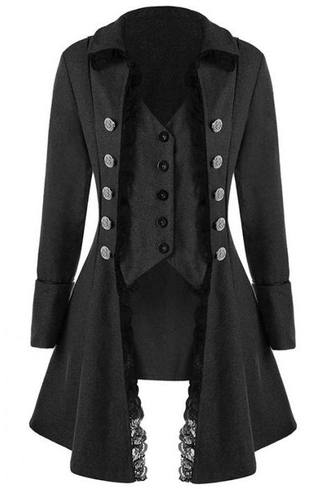  Women Asymmetrical Coat Gothic Long Sleeve Middle Ages Cosplay Prince Steampumk Jacket Outerwear black