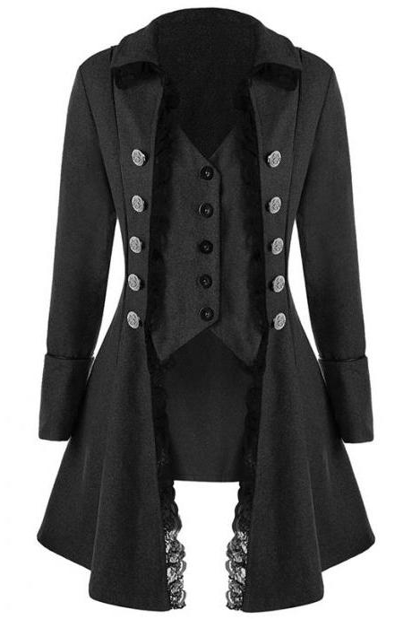  Women Asymmetrical Coat Gothic Long Sleeve Middle Ages Cosplay Prince Steampumk Jacket Outerwear black