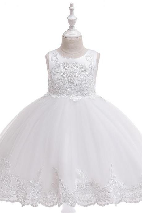 Applique Lace Flower Girl Dress Princess Wedding Birthday Prom Party Tutu Gonws Kids Children Clothes white