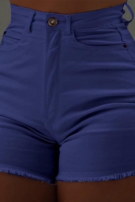 Women Denim Shorts Summer Slim High Waist Tassel Casual Mini Skinny Shorts blue