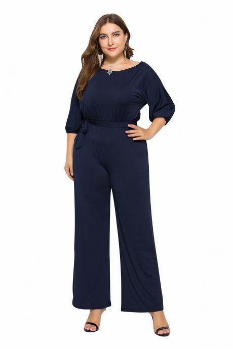Women Jumpsuit Casual Solid Office 3/4 Sleeve Belted Streetwear Female Long Rompers Overalls navy blue