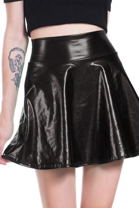 Women Mini Metallic Skirt Summer High Waist Pu Leather Casual Stage Short A Line Club Party Skirt Blue