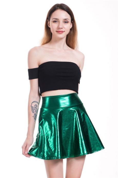 Women Mini Metallic Skirt Summer High Waist Pu Leather Casual Stage Short A Line Club Party Skirt Green