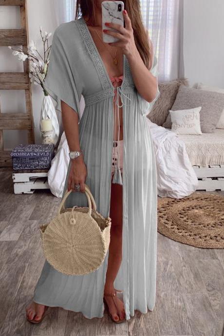 Women Maxi Dress V-Neck Half Sleeve Casual Lace Summer Beach Holiday Cardigan Long Dress gray