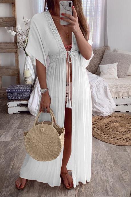 Women Maxi Dress V-neck Half Sleeve Casual Lace Summer Beach Holiday Cardigan Long Dress White
