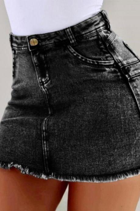  Women Short Jeans Skirt Summer High Waist Pockets Casual Bodycon Mini Pencil Denim Skirt black