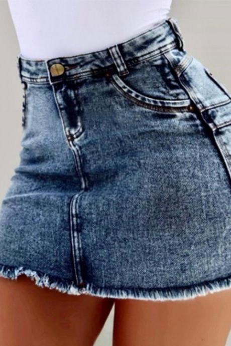 Women Short Jeans Skirt Summer High Waist Pockets Casual Bodycon Mini Pencil Denim Skirt dark blue