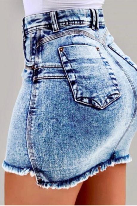 Women Short Jeans Skirt Summer High Waist Pockets Casual Bodycon Mini Pencil Denim Skirt light blue