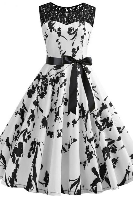 Women Floral Printed Dress Summer Sleeveless Lace Patchwork Belted A Line Formal Party Dress6#