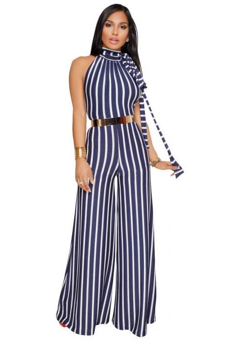  Women Striped Jumpsuit Casual Loose Backless Party Club Long Wide Leg Rompers Overalls blue