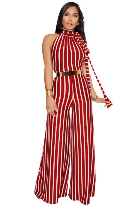 Women Striped Jumpsuit Casual Loose Backless Party Club Long Wide Leg Rompers Overalls red