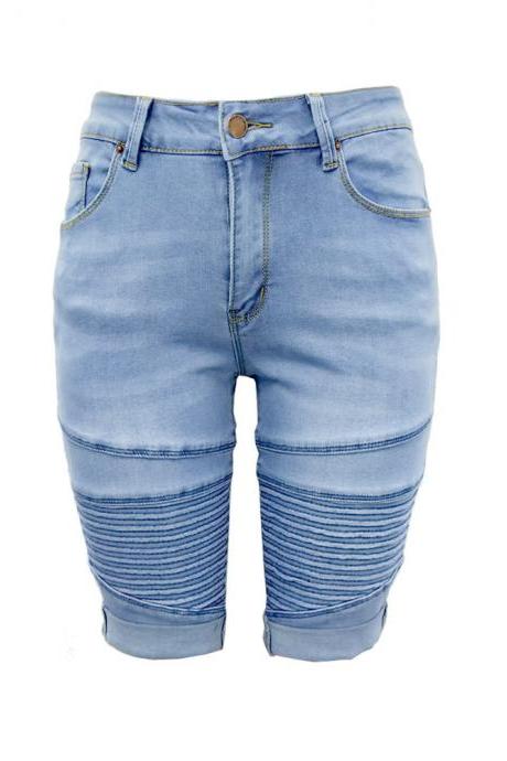 Women Jeans Summer Mid Waist Skinny Knee Length Female Stretch Denim Shorts Pants Light Blue