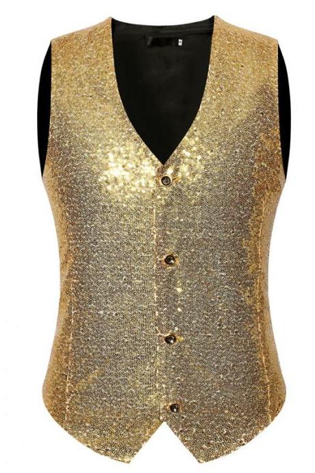  Men Sequined Waistcoat V Neck Wedding Party Business Vest Tops Stage Sleeveless Coat gold silver
