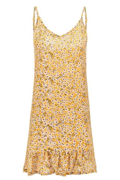  Women Floral Printed Dress Spaghetti Strap Ruffles Casual Summer Beach Boho Mini Sundress4#