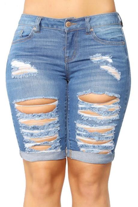 Women Jeans Summer High Waist Slim Knee Length Ripped Holes Casual Skinny Short Denim Pants Dark Blue