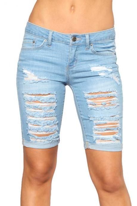 Women Jeans Summer High Waist Slim Knee Length Ripped Holes Casual Skinny Short Denim Pants Light Blue