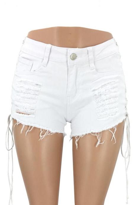 Women Denim Shorts Mid Waist Summer Side Eyelets Laced-up Holes Ripped Tassel Bandage Pencil Shorts white