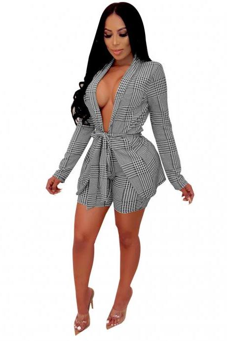 Women Tracksuit Houndstooth Open Stitch Blazer Coat+Shorts Casual Work Office Two Pieces Set gray