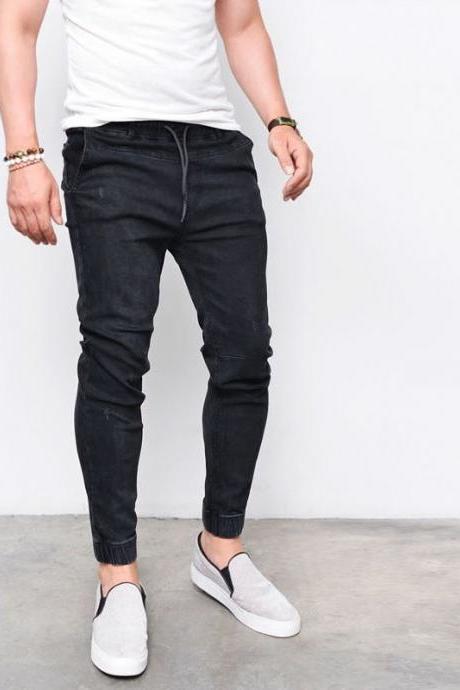 Men Skinny Jeans Drawstring Mid-waist Ripped Casual Streetwear Slim Long Denim Pencil Pants Black