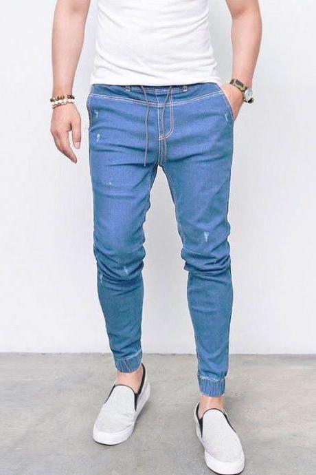 Men Skinny Jeans Drawstring Mid-waist Ripped Casual Streetwear Slim Long Denim Pencil Pants Light Blue