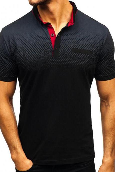 Men T-shirt Summer Short Sleeve Turn-down Collar 3d Printed Casual Slim Fit Polo Shirt Black