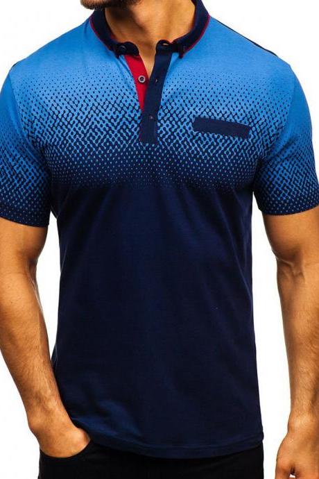 Men T-shirt Summer Short Sleeve Turn-down Collar 3d Printed Casual Slim Fit Polo Shirt Navy Blue