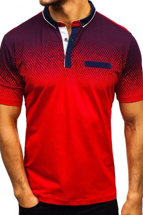  Men T-Shirt Summer Short Sleeve Turn-Down Collar 3D Printed Casual Slim Fit Polo Shirt red