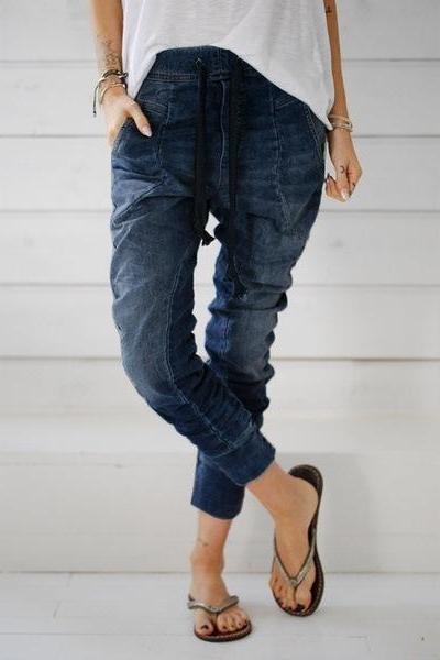  Women Jeans Drawstring Elastic Waist Casual Ankle-Length Female Long Denim Harem Pants dark blue