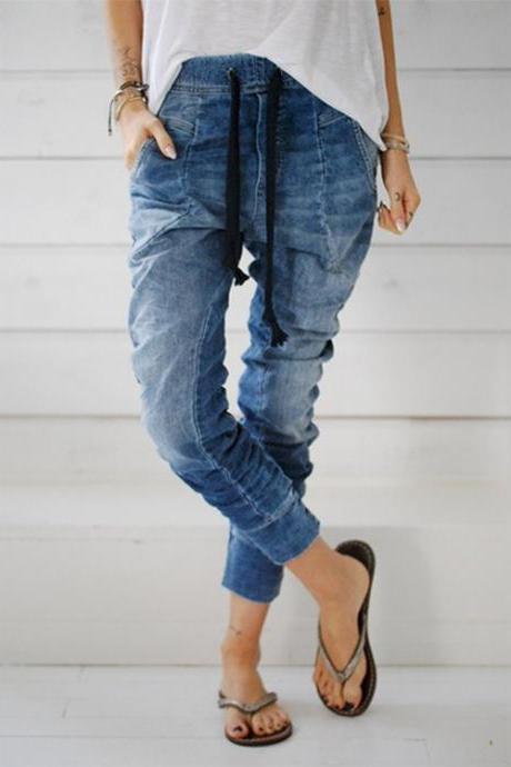 Women Jeans Drawstring Elastic Waist Casual Ankle-Length Female Long Denim Harem Pants light blue