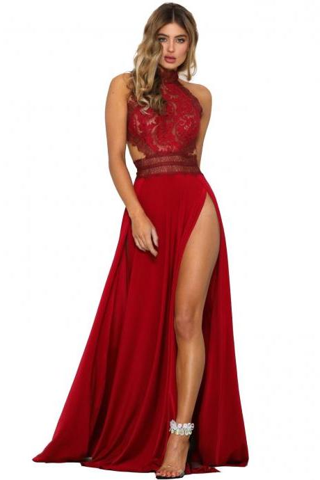  Women Maxi Dress Sleeveless Sheer Lace High Split Backless Long Club Party Dress red