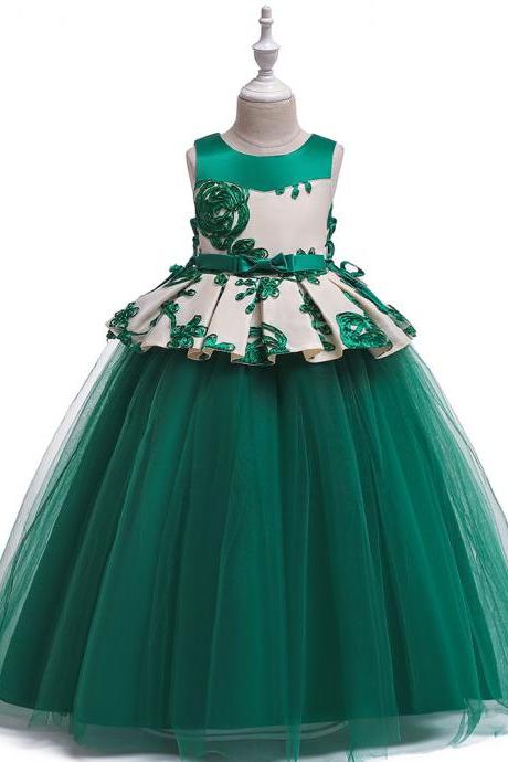 Long Flower Girl Dress Embroidery Teens Formal Birthday Party Tutu Gown Children Kids Clothes hunter green