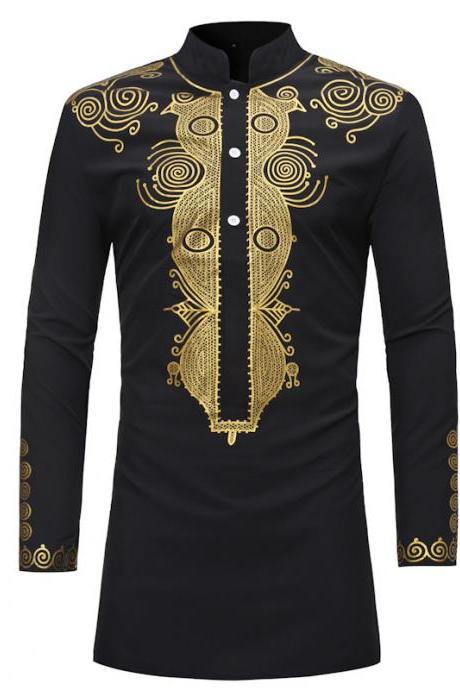  Men African Dashiki Printed Shirt Stand Collar Button Long Sleeve Casual Slim Shirt black
