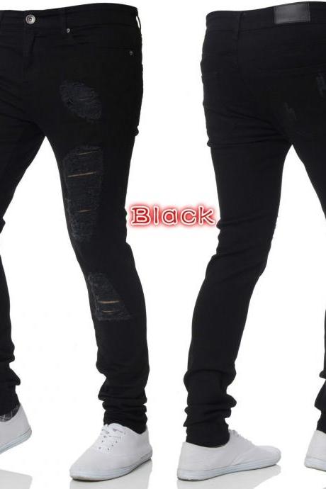 Men Jeans Trousers SKinny Ripped Plus Size Slim Fit Casual Streetwear Long Denim Pencil Pants black