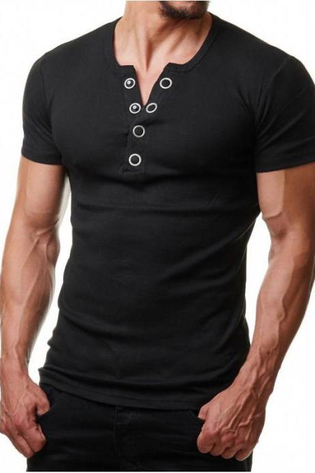 Men T Shirt Summer V Neck Short Sleeve Metal Button Casual Slim Fit Polo Shirt black