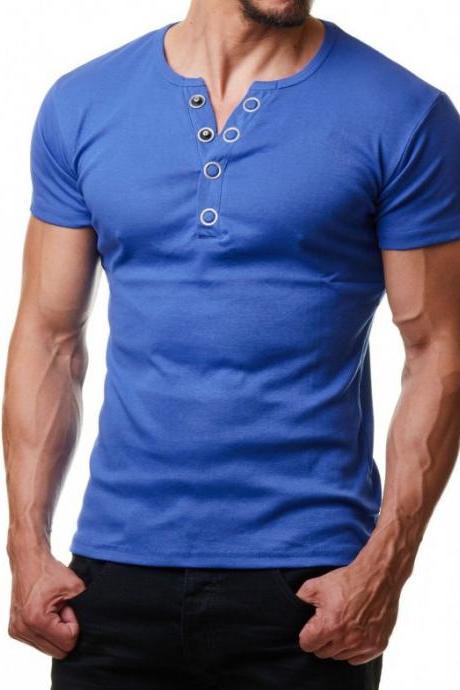 Men T Shirt Summer V Neck Short Sleeve Metal Button Casual Slim Fit Polo Shirt blue