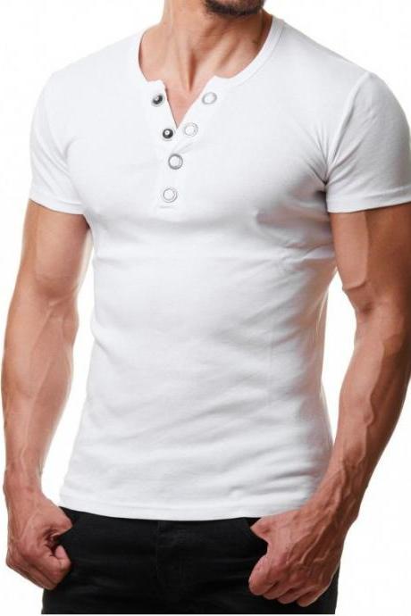  Men T Shirt Summer V Neck Short Sleeve Metal Button Casual Slim Fit Polo Shirt white