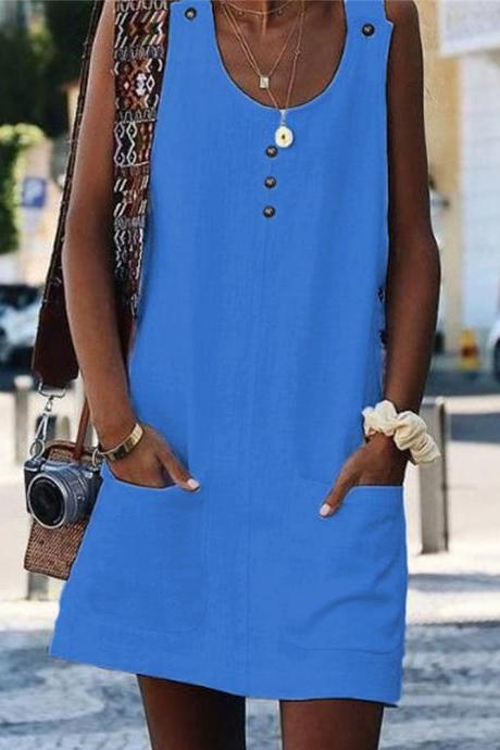 Women Casual Tank Dress Button Pockets Loose Sleeveless Summer Beach Mini Sundress blue