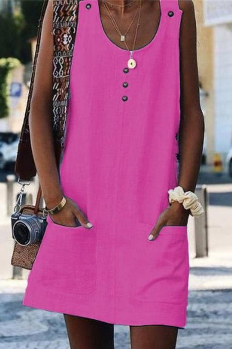 Women Casual Tank Dress Button Pockets Loose Sleeveless Summer Beach Mini Sundress hot pink