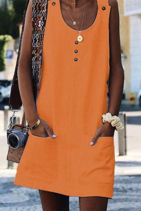  Women Casual Tank Dress Button Pockets Loose Sleeveless Summer Beach Mini Sundress orange