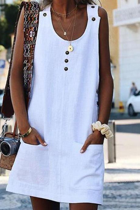  Women Casual Tank Dress Button Pockets Loose Sleeveless Summer Beach Mini Sundress white