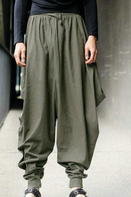 Men Harem Pants Drawstring Waist Plus Size Hip Hop Streetwear Casual Loose Baggy Trousers Army Green