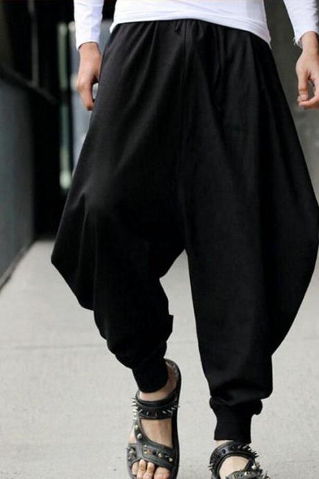 Men Harem Pants Drawstring Waist Plus Size Hip Hop Streetwear Casual Loose Baggy Trousers Black