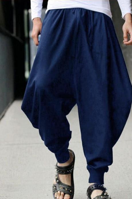 Men Harem Pants Drawstring Waist Plus Size Hip Hop Streetwear Casual Loose Baggy Trousers navy blue