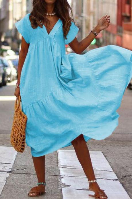 Women Casual Dress Summer V Neck Short Sleeve Loose Solid Midi T Shirt Dress Light Blue