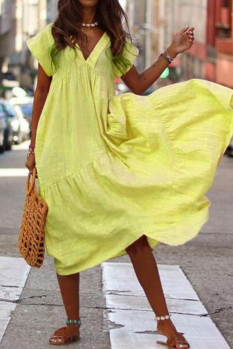 Women Casual Dress Summer V Neck Short Sleeve Loose Solid Midi T Shirt Dress Yellow